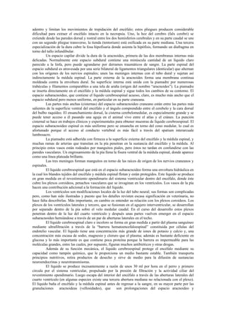 adentro y limitan los movimientos de trepidación del encéfalo; estos pliegues producen considerable
dificultad para extraer el encéfalo intacto en la necropsia. Uno, la hoz del cerebro (falx cerebri) se
extiende desde las paredes dorsal y rostral entre los dos hemisferios cerebrales y en su parte caudal se une
con un segundo pliegue transverso, la tienda (tentorium) está osificada en su parte mediana. Una tercera
especialización de la dura cubre la fosa hipofisaria donde asienta la hipófisis, formando un diafragma en
torno del tallo infundibular.
          Un espacio capilar divide la dura de la aracnoides, primera de las dos membranas internas más
delicadas. Normalmente este espacio subdural contiene una minúscula cantidad de un líquido claro
parecido a la linfa, pero puede agrandarse por derrames traumáticos de sangre. La parte espinal del
espacio subdural es atravesada por una serie bilateral de ligamentos triangulares (denticular) que alternan
con los orígenes de los nervios espinales; unen las meninges internas con el tubo dural y sujetan así
indirectamente la médula espinal. La parte externa de la aracnoides forma una membrana continua
moldeada contra la envoltura dural. Su superficie interna está unida con la piamadre por numerosas
trabéculas y filamentos comparables a una tela de araña (origen del nombre “aracnoides”). La piamadre
se inserta directamente en el encéfalo y la médula espinal y sigue todos los cambios de su contorno. El
espacio subaracnoideo, que contiene el líquido cerebroespinal acuoso, claro, es mucho más ancho que el
espacio subdural pero menos uniforme, en particular en su parte craneana.
          Las partes más anchas (cisternas) del espacio subaracnoideo craneano están entre las partes más
salientes de la superficie ventral del encéfalo y el ángulo comprendido entre el cerebelo y la cara dorsal
del bulbo raquídeo. El ensanchamiento dorsal, la cisterna cerebelomedular, es especialmente grande y se
puede tener acceso a él pasando una aguja en el animal vivo entre el atlas y el cráneo. La punción
cisternal se hace en trabajos clínicos y experimentales para obtener muestras de líquido cerebroespinal. El
espacio subaracnoideo espinal es más uniforme pero se ensancha en torno del cono medular, lo cual es
afortunado porque el acceso al conducto vertebral es más fácil a través del spatium interarcuale
lumbosacro.
          La piamadre está adherida con firmeza a la superficie externa del encéfalo y la médula espinal, y
muchas ramas de arterias que transitan en la pía penetran en la sustancia del encéfalo y la médula. Al
principio estos vasos están rodeados por manguitos piales, pero éstos no tardan en confundirse con las
paredes vasculares. Un engrosamiento de la pía llena la fisura ventral de la médula espinal, donde aparece
como una línea plateada brillante.
          Las tres meninges forman manguitos en torno de las raíces de origen de los nervios craneanos y
espinales.
          El líquido cerebroespinal que está en el espacio subaracnoideo forma una envoltura hidráulica en
la cual los blandos tejidos del encéfalo y médula espinal flotan y están protegidos. Este líquido se produce
en gran medida en el revestimiento ependimario del sistema ventricular dentro del encéfalo, donde éste
cubre los plexos coroideos, penachos vasculares que se invaginan en los ventrículos. Los vasos de la pía
hacen una contribución adicional a la formación del líquido.
          Los ventrículos son modificaciones locales de la luz del tubo neural; sus formas son complicadas
pero, como han sido ilustradas y puesto que los detalles revisten escasa significación en veterinaria, no
hace falta describirlas. Más importante, en cambio es entender su relación con los plexos coroideos. Los
plexos de los ventrículos laterales y tercero, que se fusionan en el agujero interventricular, se desarrollan
por separado dentro de la pía sobre el velo medular caudal. En el curso del desarrollo estos plexos
penetran dentro de la luz del cuarto ventrículo y después unas partes vuelven emerger en el espacio
subaracnoideo herniándose a través de un par de aberturas laterales en el techo.
          El líquido cerebroespinal claro e incoloro se forma en gran medida a partir del plasma sanguíneo
mediante ultrafiltración a través de la “barrera hematoencefaloespinal” constituida por células del
endotelio vascular. El líquido tiene una concentración más grande de iones de potasio y calcio y, una
concentración más escasa de sodio, magnesio y cloruro que el plasma; además es bastante deficiente en
glucosa y lo más importante es que contiene poca proteína porque la barrera es impermeable para las
moléculas grandes, entre las cuales, por supuesto, figuran muchos antibióticos y otras drogas.
          Además de su función mecánica, el líquido cerebroespinal protege el encéfalo mediante su
capacidad como tampón químico, que le proporciona un medio bastante estable. También transporta
principios nutritivos, retira productos de desecho y sirve de medio para la difusión de sustancias
neuroendocrinas y neurotransmisoras.
          El líquido se produce incesantemente a razón de unos 30 ml por hora en el perro y primero
circula por el sistema ventricular, propulsado por la presión de filtración y la actividad ciliar del
revestimiento ependimario. Luego escapa del interior del encéfalo a través de las aberturas laterales del
cuarto ventrículo (en algunas especies existe una tercera abertura mediana no relacionada con el plexo).
El líquido baña el encéfalo y la médula espinal antes de regresar a la sangre, en su mayor parte por las
granulaciones      aracnoideas (vellosidades), que       son prolongaciones del espacio aracnoideo y
 