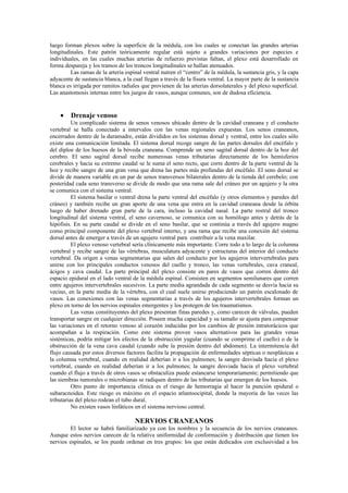 luego forman plexos sobre la superficie de la médula, con los cuales se conectan las grandes arterias
longitudinales. Este patrón teóricamente regular está sujeto a grandes variaciones por especies e
individuales, en las cuales muchas arterias de refuerzo previstas faltan, el plexo está desarrollado en
forma despareja y los tramos de los troncos longitudinales se hallan atenuados.
         Las ramas de la arteria espinal ventral nutren el “centro” de la médula, la sustancia gris, y la capa
adyacente de sustancia blanca, a la cual llegan a través de la fisura ventral. La mayor parte de la sustancia
blanca es irrigada por ramitos radiales que provienen de las arterias dorsolaterales y del plexo superficial.
Las anastomosis internas entre los juegos de vasos, aunque comunes, son de dudosa eficiencia.


    •    Drenaje venoso
          Un complicado sistema de senos venosos ubicado dentro de la cavidad craneana y el conducto
vertebral se halla conectado a intervalos con las venas regionales expuestas. Los senos craneanos,
encerrados dentro de la duramadre, están divididos en los sistemas dorsal y ventral, entre los cuales sólo
existe una comunicación limitada. El sistema dorsal recoge sangre de las partes dorsales del encéfalo y
del diploe de los huesos de la bóveda craneana. Comprende un seno sagital dorsal dentro de la hoz del
cerebro. El seno sagital dorsal recibe numerosas venas tributarias directamente de los hemisferios
cerebrales y hacia su extremo caudal se le suma el seno recto, que corre dentro de la parte ventral de la
hoz y recibe sangre de una gran vena que drena las partes más profundas del encéfalo. El seno dorsal se
divide de manera variable en un par de senos transversos bilaterales dentro de la tienda del cerebelo; con
posteridad cada seno transverso se divide de modo que una rama sale del cráneo por un agujero y la otra
se comunica con el sistema ventral.
          El sistema basilar o ventral drena la parte ventral del encéfalo (y otros elementos y paredes del
cráneo) y también recibe un gran aporte de una vena que entra en la cavidad craneana desde la órbita
luego de haber drenado gran parte de la cara, incluso la cavidad nasal. La parte rostral del tronco
longitudinal del sistema ventral, el seno cavernoso, se comunica con su homólogo antes y detrás de la
hipófisis. En su parte caudal se divide en el seno basilar, que se continúa a través del agujero magno
como principal componente del plexo vertebral interno, y una rama que recibe una conexión del sistema
dorsal antes de emerger a través de un agujero ventral para contribuir a la vena maxilar.
          El plexo venoso vertebral sería clínicamente más importante. Corre todo a lo largo de la columna
vertebral y recibe sangre de las vértebras, musculatura adyacente y estructuras del interior del conducto
vertebral. Da origen a venas segmentarias que salen del conducto por los agujeros intervertebrales para
unirse con los principales conductos venosos del cuello y tronco, las venas vertebrales, cava craneal,
ácigos y cava caudal. La parte principal del plexo consiste en pares de vasos que corren dentro del
espacio epidural en el lado ventral de la médula espinal. Consisten en segmentos semilunares que corren
entre agujeros intervertebrales sucesivos. La parte media agrandada de cada segmento se desvía hacia su
vecino, en la parte media de la vértebra, con el cual suele unirse produciendo un patrón escalonado de
vasos. Las conexiones con las venas segmentarias a través de los agujeros intervertebrales forman un
plexo en torno de los nervios espinales emergentes y los protegen de los traumatismos.
          Las venas constituyentes del plexo presentan finas paredes y, como carecen de válvulas, pueden
transportar sangre en cualquier dirección. Poseen mucha capacidad y su tamaño se ajusta para compensar
las variaciones en el retorno venoso al corazón inducidas por los cambios de presión intratorácicos que
acompañan a la respiración. Como este sistema provee vasos alternativos para las grandes venas
sistémicas, podría mitigar los efectos de la obstrucción yugular (cuando se comprime el cuello) o de la
obstrucción de la vena cava caudal (cuando sube la presión dentro del abdomen). La intermitencia del
flujo causada por estos diversos factores facilita la propagación de enfermedades sépticas o neoplásicas a
la columna vertebral, cuando en realidad deberían ir a los pulmones; la sangre desviada hacia el plexo
vertebral, cuando en realidad deberían ir a los pulmones; la sangre desviada hacia el plexo vertebral
cuando el flujo a través de otros vasos se obstaculiza puede estancarse temporariamente; permitiendo que
las siembras tumorales o microbianas se radiquen dentro de las tributarias que emergen de los huesos.
          Otro punto de importancia clínica es el riesgo de hemorragia al hacer la punción epidural o
subaracnoidea. Este riesgo es máximo en el espacio atlantoocipital, donde la mayoría de las veces las
tributarias del plexo rodean el tubo dural.
          No existen vasos linfáticos en el sistema nervioso central.

                                     NERVIOS CRANEANOS
         El lector se habrá familiarizado ya con los nombres y la secuencia de los nervios craneanos.
Aunque estos nervios carecen de la relativa uniformidad de conformación y distribución que tienen los
nervios espinales, se los puede ordenar en tres grupos: los que están dedicados con exclusividad a los
 