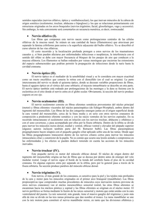 sentidos especiales (nervios olfativo, óptico y vestibulococlear), los que inervan músculos de la cabeza de
origen somítico (oculomotor, troclear, abducens e hipogloso) y los que se relacionan primariamente con
estructuras originadas en los arcos braquiales (nervios trigémino, facial, glosofaríngeo, vago y accesorio).
Sin embargo, lo más conveniente será comentarlos en secuencia numérica, es decir, rostrocaudal.

    •    Nervio olfativo (I).
         Las fibras que componen este nervio nacen como prolongaciones centrales de las células
olfativas de la mucosa nasal. Se reúnen en una cantidad de haces (filamentosos) que atraviesan por
separado la lámina cribiforme para unirse a la superficie adyacente del bulbo olfativo. Ya se describió el
curso ulterior de las vías olfativas.
         El corto recorrido y la localización profunda protegen a estos nervios de los traumatismos
causales y, si bien pueden afectarse por enfermedades infecciosas o neoplásicas, la interferencia con el
sentido del olfato se debe con mayor frecuencia al bloqueo de los pasajes de aire que conducen a la
mucosa olfatoria. Los filamentos se hallan rodeados por vainas meníngeas que encierran las extensiones
del espacio subaracnoideo que podrían permitir la propagación de infecciones desde la nariz hasta la
cavidad craneana.

    •    Nervio óptico (II).
         El nervio óptico es el mediador de la sensibilidad visual y se lo considera con mayor exactitud
como un tracto encefálico que conecta la retina con el diencéfalo (en el cual se origina). La parte
intercraneana del nervio va desde el quiasma óptico, donde se decusan variables proporciones de fibras,
hasta el agujero óptico en el vértice del cono orbitario; el trayecto intraorbitario se describe en otra parte.
El nervio óptico también está rodeado por prolongaciones de las meninges y la dura se fusiona con la
esclerótica en el sitio donde el nervio entra en el globo ocular. Obviamente, la sección del nervio produce
ceguera en eso ojo.

    •    Nervio oculomotor (III).
         El nervio oculomotor consiste en fibras eferentes somáticas provenientes del núcleo principal
(motor) y fibras eferentes viscerales del núcleo parasimpático (de Edinger-Westphal), ambos dentro del
tegmento del mesencéfalo. Las fibras de las dos categorías emergen juntas en el origen superficial desde
la cara ventral del mesencéfalo, cerca de la línea media y en serie con otros nervios craneanos de
composición a predominio eferente somático y con las raíces ventrales de los nervios espinales. En su
recorrido intracraneano el oculomotor está en relación con los nervios troclear, abducens y oftálmico y
con el seno cavernoso, y pasa acompañado por ellos por la fisura orbitaria. Dentro de la órbita se divide
para inervar los músculos rectos dorsal, medial y ventral, oblicuo ventral y elevador del párpado superior
(algunos autores incluyen también parte del M. Retractor bulbi). Las fibras parasimpáticas
preganglionares hacen sinapsis con el pequeño ganglio ciliar aplicado sobre una de las ramas. Desde aquí
las fibras posganglionares transcurren dentro de los nervios ciliares cortos para inervar los músculos
intraoculares ciliar y constrictor de la pupila. No es común que ocurra una lesión aislada o compromiso en
las enfermedades y los efectos se pueden deducir teniendo en cuenta las acciones de los músculos
inervados.

    •    Nervio troclear (IV).
         Este pequeño nervio es motor del músculo oblicuo dorsal. El núcleo de origen dentro del
tegmento del mesencéfalo origina un haz de fibras que se decusa por dentro antes de emerger del velo
medular rostral. Luego el nervio sigue el borde de la tienda del cerebelo hasta el piso de la cavidad
craneana. En algunas especies entra por separado en la órbita, pero por lo general pasa a través de la
fisura orbitaria. Su sección produce parálisis del músculo oblicuo dorsal.

    •    Nervio trigémino (V).
         Este nervio, el más grande de los craneanos, es sensitivo para la piel y los tejidos más profundos
de la cara y motor para los músculos originados en el primer arco branquial (mandibular). Las fibras
propioceptivas (que comprenden muchas procedentes de músculos cuya inervación motora proviene de
otros nervios craneanos) van al núcleo mesencefálico sensorial rostral, las otras fibras aferentes se
encaminan hacia los núcleos póntico y espinal y las fibras eferentes se originan en el núcleo motor. El
nervio periférico se forma mediante la fusión de las raíces sensorial y motora que están unidas con la cara
ventrolateral del puente. La raíz sensorial, más grande, tiene el masivo ganglio del trigémino y justo más
allá de éste se divide en las tres ramas primarias que dan nombre al tronco. La rama mandibular se une
con la raíz motora para constituir el nervio mandibular mixto, en tanto que las divisiones oftálmica y
 
