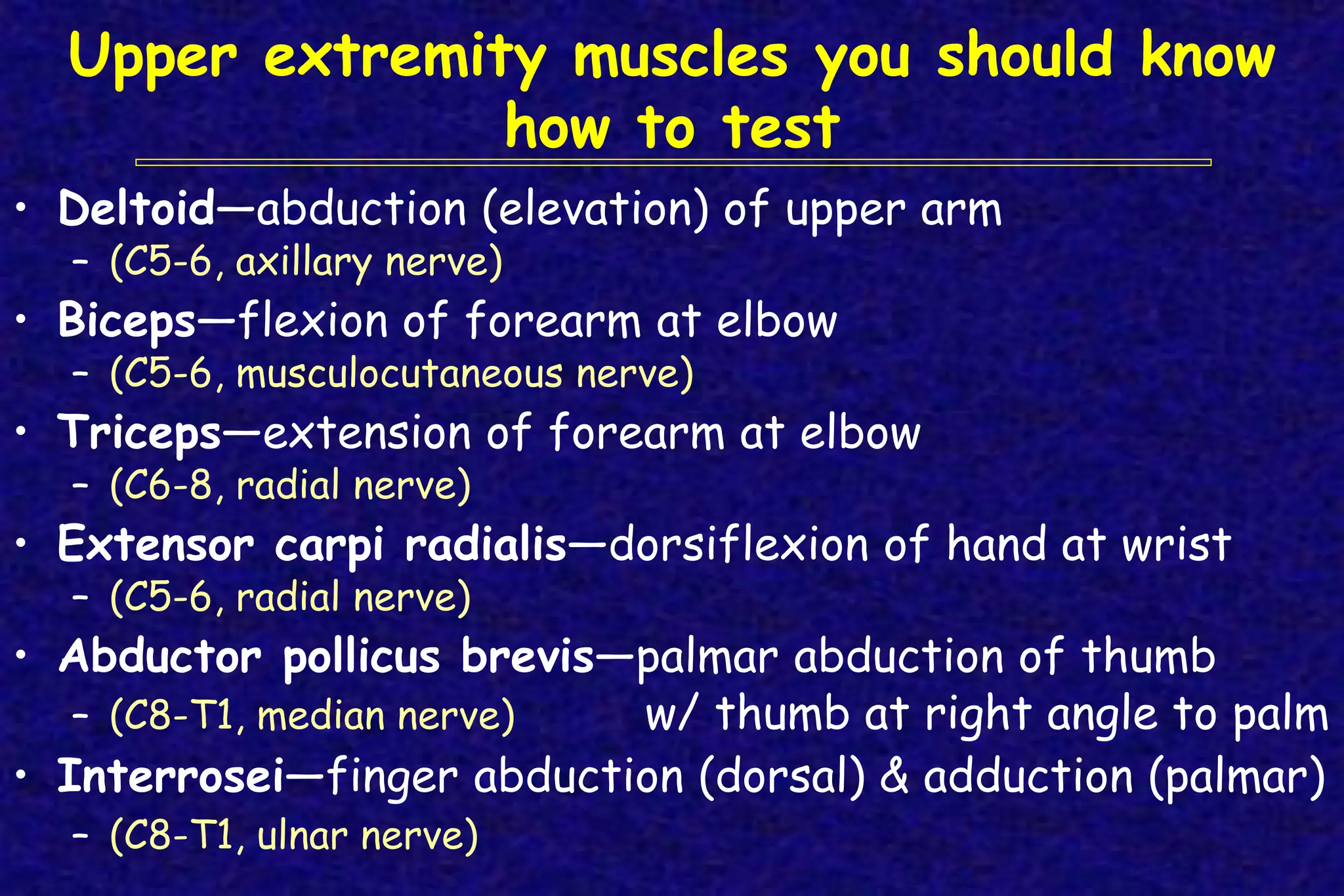 Upper extremity muscles you should know
how to test
• Deltoid—abduction (elevation) of upper arm
– (C5-6, axillary nerve)
• Biceps—flexion of forearm at elbow
– (C5-6, musculocutaneous nerve)
• Triceps—extension of forearm at elbow
– (C6-8, radial nerve)
• Extensor carpi radialis—dorsiflexion of hand at wrist
– (C5-6, radial nerve)
• Abductor pollicus brevis—palmar abduction of thumb
– (C8-T1, median nerve) w/ thumb at right angle to palm
• Interrosei—finger abduction (dorsal) & adduction (palmar)
– (C8-T1, ulnar nerve)
 