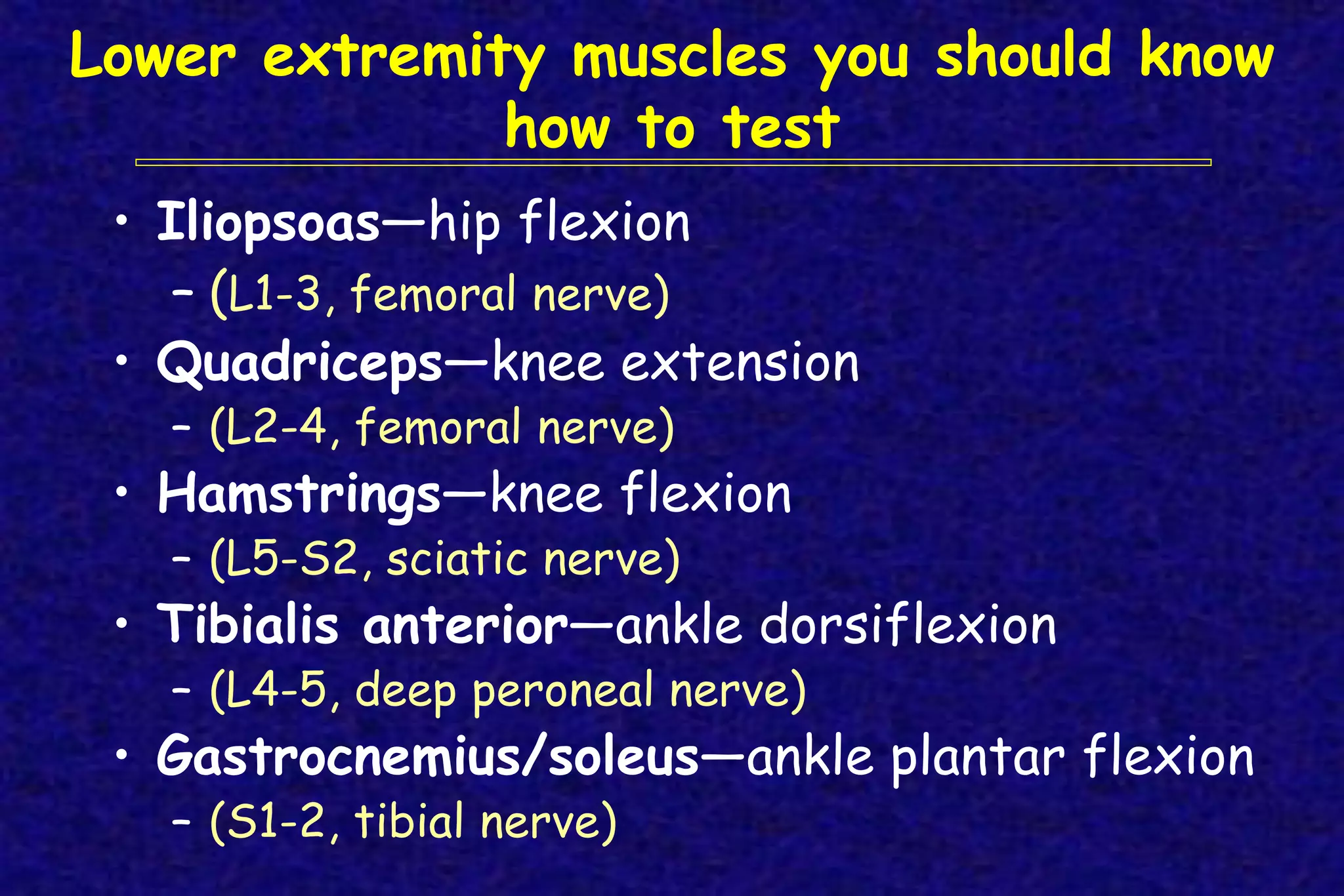 Lower extremity muscles you should know
how to test
• Iliopsoas—hip flexion
– (L1-3, femoral nerve)
• Quadriceps—knee extension
– (L2-4, femoral nerve)
• Hamstrings—knee flexion
– (L5-S2, sciatic nerve)
• Tibialis anterior—ankle dorsiflexion
– (L4-5, deep peroneal nerve)
• Gastrocnemius/soleus—ankle plantar flexion
– (S1-2, tibial nerve)
 