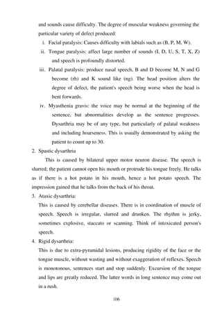 106
and sounds cause difficulty. The degree of muscular weakness governing the
particular variety of defect produced:
i. Facial paralysis: Causes difficulty with labials such as (B, P, M, W).
ii. Tongue paralysis: affect large number of sounds (I, D, U, S, T, X, Z)
and speech is profoundly distorted.
iii. Palatal paralysis: produce nasal speech, B and D become M, N and G
become (rh) and K sound like (ng). The head position alters the
degree of defect, the patient's speech being worse when the head is
bent forwards.
iv. Myasthenia gravis: the voice may be normal at the beginning of the
sentence, but abnormalities develop as the sentence progresses.
Dysarthria may be of any type, but particularly of palatal weakness
and including hoarseness. This is usually demonstrated by asking the
patient to count up to 30.
2. Spastic dysarthria
This is caused by bilateral upper motor neuron disease. The speech is
slurred; the patient cannot open his mouth or protrude his tongue freely. He talks
as if there is a hot potato in his mouth, hence a hot potato speech. The
impression gained that he talks from the back of his throat.
3. Ataxic dysarthria:
This is caused by cerebellar diseases. There is in coordination of muscle of
speech. Speech is irregular, slurred and drunken. The rhythm is jerky,
sometimes explosive, staccato or scanning. Think of intoxicated person's
speech.
4. Rigid dysarthria:
This is due to extra-pyramidal lesions, producing rigidity of the face or the
tongue muscle, without wasting and without exaggeration of reflexes. Speech
is monotonous, sentences start and stop suddenly. Excursion of the tongue
and lips are greatly reduced. The latter words in long sentence may come out
in a rush.
 