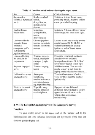111
Table 14. Localization of lesions affecting the vagus nerve
Site Causes Clinical features
Supranuclear
(cortex & pyramidal
tract)
Stroke, cerebral
tumor,
demyelination,
motor neuron
disease
Unilateral lesions do not cause
persisting deficit. Bilateral lesions
cause pseudobulbar palsy.
Nuclear lesion
(brain stem)
Infarction,
syringobulbia,
tumor,
demyelination
Ipsilateral X lesion of lower motor
neuron type plus brain stem signs.
Lesion within the
posterior fossa
(from it's
emergence to it's
exit from the
jugular foramen)
Glomus jugulare
tumors, metastatic
tumors, infections,
trauma.
Lesions at this site usually involve
cranial nerves IX, X, XI, XII at
variable combination usually
ipsilateral and of lower motor
neuron type.
Lesions affecting
the trunk of the
vagus nerve
Trauma, surgery,
tumor, aneurysm,
enlarged lymph
nodes
Complete vocal cord paralysis
associated with unilateral
laryngeal anesthesia, IX, & X of
lower motor neuron lesion type.
Superior laryngeal
nerve
Trauma, surgery,
tumor
Mild hoarseness. This nerve is
purely sensory a part from it's
supply to the cricothyroid muscle.
Unilateral recurrent
laryngeal nerve
Aneurysm,
lymphoma,
mediastinal tumor,
operative damage
e.g. thyroidectomy.
Transient hoarseness of voice,
vocal cord lies near the midline
ipsilaterally.
Bilateral recurrent
laryngeal nerve
Thyroidectomy,
trauma, enlarged
cervical glands.
Dyspnea, stridor, bilateral
abduction paralysis lead to severe
approximation of vocal cords,
which often necessitates
tracheostomy.
2- 9: The Eleventh Cranial Nerve ((The Accessory nerve)
Functions
To give motor power to the upper part of the trapezii and to the
sternomastoids and so to influence the posture and movements of the head and
shoulder girdles (Figure 11).
 
