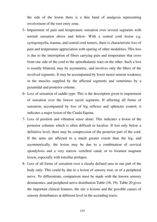 155
the side of the lesion there is a thin band of analgesia representing
involvement of the root entry zone.
5- Impairment of pain and temperature sensation over several segments with
normal sensation above and below: With a central cord lesion e.g.
syringomyelia, trauma, and central cord tumors, there is characteristic loss of
pain and temperature appreciation with sparing of other modalities. This loss
is due to the interruption of fibers carrying pain and temperature that cross
from one side of the cord to the spinothalamic tract on the other. Such a loss
is usually bilateral, may be asymmetric, and involves only the fibers of the
involved segments. It may be accompanied by lower motor neuron weakness
in the muscles supplied by the affected segments and sometimes by a
pyramidal and posterior column.
6- Loss of sensation of saddle type: This is the description given to impairment
of sensation over the lowest sacral segments. If affecting all forms of
sensation, accompanied by loss of leg reflexes and sphincter control, it
indicates a major lesion of the Cauda Equina.
7- Loss of position and vibration sense alone: This indicates a lesion of the
posterior columns which is often difficult to localize. If lost only below a
definitive level, there may be compression of the posterior part of the cord.
If the arms are affected to a much greater extent than the leg, and
asymmetrically, the lesion may be due to a combination of cervical
spondylosis and a very narrow vertebral canal; or to foramen magnum
lesion, especially with tonsillar prolapse.
8- Loss of all forms of sensation over a clearly defined area in one part of the
body only: This could by due to a lesion of sensory root, or of a peripheral
nerve. To differentiate, comparison must be made with the known sensory
dermatomes, and peripheral nerve distribution Table (18, 19). Table 20 gives
the important clinical features, the site o lesions and the possible causes of
sensory disturbances at different level in the ascending tracts.
 