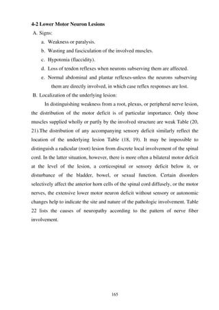 165
4-2 Lower Motor Neuron Lesions
A. Signs:
a. Weakness or paralysis.
b. Wasting and fasciculation of the involved muscles.
c. Hypotonia (flaccidity).
d. Loss of tendon reflexes when neurons subserving them are affected.
e. Normal abdominal and plantar reflexes-unless the neurons subserving
them are directly involved, in which case reflex responses are lost.
B. Localization of the underlying lesion:
In distinguishing weakness from a root, plexus, or peripheral nerve lesion,
the distribution of the motor deficit is of particular importance. Only those
muscles supplied wholly or partly by the involved structure are weak Table (20,
21).The distribution of any accompanying sensory deficit similarly reflect the
location of the underlying lesion Table (18, 19). It may be impossible to
distinguish a radicular (root) lesion from discrete local involvement of the spinal
cord. In the latter situation, however, there is more often a bilateral motor deficit
at the level of the lesion, a corticospinal or sensory deficit below it, or
disturbance of the bladder, bowel, or sexual function. Certain disorders
selectively affect the anterior horn cells of the spinal cord diffusely, or the motor
nerves, the extensive lower motor neuron deficit without sensory or autonomic
changes help to indicate the site and nature of the pathologic involvement. Table
22 lists the causes of neuropathy according to the pattern of nerve fiber
involvement.
 