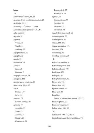 196
Index
A
Abducent (6th
) nerve, 66, 69
Absence of two point discrimination, 28
Acalculia, 22, 31
Accessory (11th
) nerve, 111-114
Accommodation reaction, 61, 63, 64
Adie pupil, 63
Ageusia, 92
Agnosia
Visual, 31
Tactile, 31
Auditory, 32
Agraphesthesia, 72
Agraphia, 25
Alexia, 22
Allesthesia, 28
Amnesia
Causes, 8
Features, 7
Amyopic crescent, 54
Analgesia, 150
Angular gyrus syndrome, 21
Anisocoria, 58, 61-65
Ankle
Clonus, 137
Jerk, 134
Anosmia, 39
Lesions causing, 40
Aphasia, 19
Agraphia, 25
Alexia, 21
Anomia, 24
Broca’s, 20
Conductive, 21
Transcortical, 27
Wernicke’s, 20
Apraxia, 33
Constructional, 33
Dressing, 34
Ideational, 33
Ideomotor, 33
Argyll-Robertson pupil, 64
Asomatognosia, 27
Astereognosia, 27
Ataxia, 145, 146
Ataxic respiration, 173
Athetosis, 124
Audiometry, 97
Avoiding response, 36
B
Babcock’s sentence, 6
Babinski response, 142
Balint syndrome, 190
Battle sign, 170
Bells palsy, 91
Bells phenomenon, 90
Biceps jerk, 135
Bing’s sign, 142
Bjerrum screen, 45
Blind spot, 43
Breathing
Pattern in unconscious patient, 172, 173
Broca’s aphasia, 20
Bruns’s nystagmus, 81
Bulbar palsy, 108, 109
C
Caloric test, 100, 173, 183-5
Central neurogenic hyperventilation, 173
 