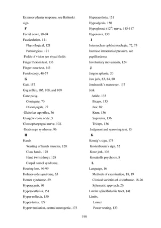 198
Extensor planter response, see Babinski
sign.
F
Facial nerve, 88-94
Fasciculation, 121
Physiological, 121
Pathological, 121
Fields of vision see visual fields
Finger flexion test, 136
Finger-nose test, 143
Fundoscopy, 48-57
G
Gait, 157
Gag reflex, 105, 108, and 109
Gaze palsy,
Conjugate, 70
Disconjugate, 72
Glabellar tap reflex, 36
Glasgow coma scale, 5
Glossopharyngeal nerve, 102-
Gradenego syndrome, 96
H
Hands
Wasting of hands muscles, 120
Claw hands, 128
Hand (wrist drop), 128
Carpal tunnel syndrome,
Hearing loss, 96-99
Holmes-aide syndrome, 63
Horner syndrome, 59
Hyperacusis, 90
Hyperaesthesia, 151
Hyper-reflexia, 150
Hyper-tonia, 129
Hyperventilation, central neurogenic, 173
Hyperaesthsia, 151
Hypoalgesia, 150
Hypoglossal (12th
) nerve, 115-117
Hypotonia, 130
I
Internuclear ophthalmoplegia, 72, 73
Increase intracranial pressure, see
papilloedema
Involuntary movements, 124
J
Jargon aphasia, 20
Jaw jerk, 83, 84, 80
Jendrassik’s maneuver, 137
Jerk
Ankle, 135
Biceps, 135
Jaw, 89
Knee, 136
Supinator, 136
Triceps, 136
Judgment and reasoning test, 15
K
Kernig’s sign, 175
Kostenboum’s sign, 52
Knee jerk, 136
Kosakoffs psychosis, 8
L
Language, 16
Methods of examination, 18, 19
Clinical varieties of disturbance, 16-26
Schematic approach, 26
Lateral spinothalamic tract, 141
Limbs,
Lower
Power testing, 133
 