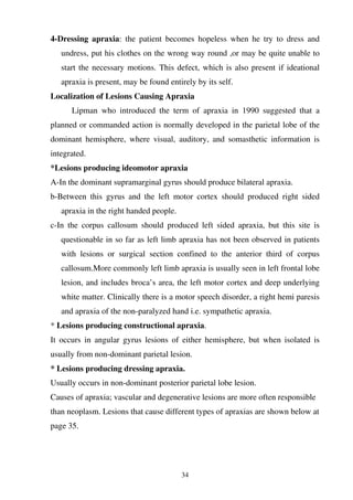 34
4-Dressing apraxia: the patient becomes hopeless when he try to dress and
undress, put his clothes on the wrong way round ,or may be quite unable to
start the necessary motions. This defect, which is also present if ideational
apraxia is present, may be found entirely by its self.
Localization of Lesions Causing Apraxia
Lipman who introduced the term of apraxia in 1990 suggested that a
planned or commanded action is normally developed in the parietal lobe of the
dominant hemisphere, where visual, auditory, and somasthetic information is
integrated.
*Lesions producing ideomotor apraxia
A-In the dominant supramarginal gyrus should produce bilateral apraxia.
b-Between this gyrus and the left motor cortex should produced right sided
apraxia in the right handed people.
c-In the corpus callosum should produced left sided apraxia, but this site is
questionable in so far as left limb apraxia has not been observed in patients
with lesions or surgical section confined to the anterior third of corpus
callosum.More commonly left limb apraxia is usually seen in left frontal lobe
lesion, and includes broca’s area, the left motor cortex and deep underlying
white matter. Clinically there is a motor speech disorder, a right hemi paresis
and apraxia of the non-paralyzed hand i.e. sympathetic apraxia.
* Lesions producing constructional apraxia.
It occurs in angular gyrus lesions of either hemisphere, but when isolated is
usually from non-dominant parietal lesion.
* Lesions producing dressing apraxia.
Usually occurs in non-dominant posterior parietal lobe lesion.
Causes of apraxia; vascular and degenerative lesions are more often responsible
than neoplasm. Lesions that cause different types of apraxias are shown below at
page 35.
 