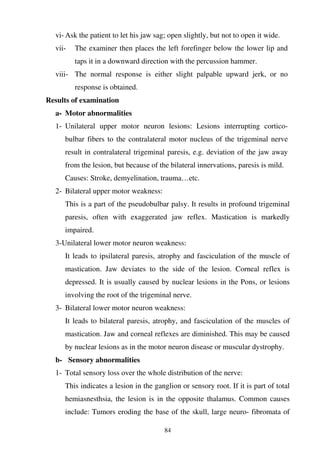 84
vi- Ask the patient to let his jaw sag; open slightly, but not to open it wide.
vii- The examiner then places the left forefinger below the lower lip and
taps it in a downward direction with the percussion hammer.
viii- The normal response is either slight palpable upward jerk, or no
response is obtained.
Results of examination
a- Motor abnormalities
1- Unilateral upper motor neuron lesions: Lesions interrupting cortico-
bulbar fibers to the contralateral motor nucleus of the trigeminal nerve
result in contralateral trigeminal paresis, e.g. deviation of the jaw away
from the lesion, but because of the bilateral innervations, paresis is mild.
Causes: Stroke, demyelination, trauma…etc.
2- Bilateral upper motor weakness:
This is a part of the pseudobulbar palsy. It results in profound trigeminal
paresis, often with exaggerated jaw reflex. Mastication is markedly
impaired.
3-Unilateral lower motor neuron weakness:
It leads to ipsilateral paresis, atrophy and fasciculation of the muscle of
mastication. Jaw deviates to the side of the lesion. Corneal reflex is
depressed. It is usually caused by nuclear lesions in the Pons, or lesions
involving the root of the trigeminal nerve.
3- Bilateral lower motor neuron weakness:
It leads to bilateral paresis, atrophy, and fasciculation of the muscles of
mastication. Jaw and corneal reflexes are diminished. This may be caused
by nuclear lesions as in the motor neuron disease or muscular dystrophy.
b- Sensory abnormalities
1- Total sensory loss over the whole distribution of the nerve:
This indicates a lesion in the ganglion or sensory root. If it is part of total
hemiasnesthsia, the lesion is in the opposite thalamus. Common causes
include: Tumors eroding the base of the skull, large neuro- fibromata of
 