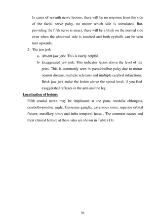 86
In cases of seventh nerve lesions, there will be no response from the side
of the facial nerve palsy, no matter which side is stimulated. But,
providing the fifth nerve is intact, there will be a blink on the normal side
even when the abnormal side is touched and both eyeballs can be seen
turn upwards.
2- The jaw jerk
a- Absent jaw jerk: This is rarely helpful.
b- Exaggerated jaw jerk: This indicates lesion above the level of the
pons. This is commonly seen in pseudobulbar palsy due to motor
neuron disease, multiple sclerosis and multiple cerebral infarctions.
Brisk jaw jerk make the lesion above the spinal level, if you find
exaggerated reflexes in the arm and the leg.
Localization of lesions
Fifth cranial nerve may be implicated at the pons, medulla oblongata,
cerebello-pontine angle, Gasserian ganglia, cavernous sinus, superior orbital
fissure, maxillary sinus and infra temporal fossa . The common causes and
their clinical feature at these sites are shown in Table (11)
 