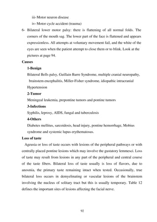 92
iii-Motor neuron disease
iv- Motor cycle accident (trauma)
6- Bilateral lower motor palsy: there is flattening of all normal folds. The
corners of the mouth sag. The lower part of the face is flattened and appears
expressionless. All attempts at voluntary movement fail, and the white of the
eyes are seen when the patient attempt to close them or to blink. Look at the
pictures at page 94.
Causes
1-Benign
Bilateral Bells palsy, Guillain Barre Syndrome, multiple cranial neuropathy,
brainstem encephalitis, Miller-Fisher syndrome, idiopathic intracranial
Hypertension
2-Tumor
Meningeal leukemia, prepontine tumors and pontine tumors
3-Infections
Syphilis, leprosy, AIDS, fungal and tuberculosis
4-Others
Diabetes mellitus, sarcoidosis, head injury, pontine hemorrhage, Mobius
syndrome and systemic lupus erythematosus.
Loss of taste
Ageusia or loss of taste occurs with lesions of the peripheral pathways or with
centrally placed pontine lesions which may involve the gustatory lemmesci. Loss
of taste may result from lesions in any part of the peripheral and central course
of the taste fibers. Bilateral loss of taste usually is loss of flavors, due to
anosmia, the primary taste remaining intact when tested. Occasionally, true
bilateral loss occurs in demyelinating or vascular lesions of the brainstem
involving the nucleus of solitary tract but this is usually temporary. Table 12
defines the important sites of lesions affecting the facial nerve.
 