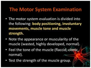The Motor System Examination
• The motor system evaluation is divided into
the following: body positioning, involuntary
movements, muscle tone and muscle
strength.
• Note the appearance or muscularity of the
muscle (wasted, highly developed, normal).
• Feel the tone of the muscle (flaccid, clonic,
normal).
• Test the strength of the muscle group.
 
