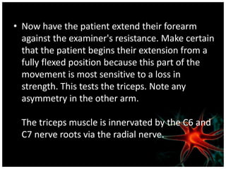 • Now have the patient extend their forearm
against the examiner's resistance. Make certain
that the patient begins their extension from a
fully flexed position because this part of the
movement is most sensitive to a loss in
strength. This tests the triceps. Note any
asymmetry in the other arm.
The triceps muscle is innervated by the C6 and
C7 nerve roots via the radial nerve.
 