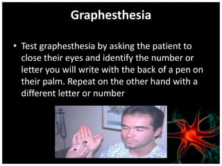 Graphesthesia
• Test graphesthesia by asking the patient to
close their eyes and identify the number or
letter you will write with the back of a pen on
their palm. Repeat on the other hand with a
different letter or number
 