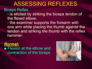 ASSESSING REFLEXES
Biceps Reflex
- is elicited by striking the biceps tendon of
the flexed elbow.
- the examiner supports the forearm with
one arm while placing the thumb against the
tendon and striking the thumb with the reflex
hammer.
Normal:
■ Flexion at the elbow and
contraction of the biceps
 