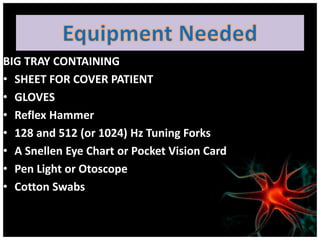 BIG TRAY CONTAINING
• SHEET FOR COVER PATIENT
• GLOVES
• Reflex Hammer
• 128 and 512 (or 1024) Hz Tuning Forks
• A Snellen Eye Chart or Pocket Vision Card
• Pen Light or Otoscope
• Cotton Swabs
 