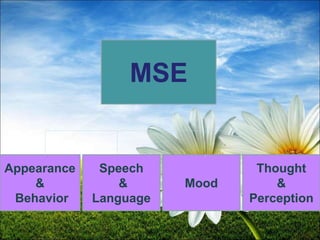10
MSE
Mood
Speech
&
Language
Appearance
&
Behavior
Thought
&
Perception
 