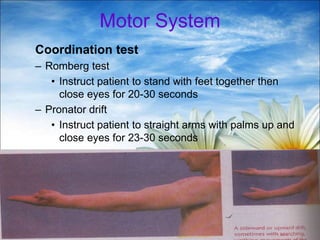 51
Motor System
Coordination test
– Romberg test
• Instruct patient to stand with feet together then
close eyes for 20-30 seconds
– Pronator drift
• Instruct patient to straight arms with palms up and
close eyes for 23-30 seconds
 