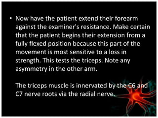 • Now have the patient extend their forearm
  against the examiner's resistance. Make certain
  that the patient begins their extension from a
  fully flexed position because this part of the
  movement is most sensitive to a loss in
  strength. This tests the triceps. Note any
  asymmetry in the other arm.

  The triceps muscle is innervated by the C6 and
  C7 nerve roots via the radial nerve.
 