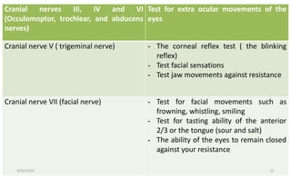 Cranial nerves III, IV and VI
(Occulomoptor, trochlear, and abducens
nerves)
Test for extra ocular movements of the
eyes
Cranial nerve V ( trigeminal nerve) - The corneal reflex test ( the blinking
reflex)
- Test facial sensations
- Test jaw movements against resistance
Cranial nerve VII (facial nerve) - Test for facial movements such as
frowning, whistling, smiling
- Test for tasting ability of the anterior
2/3 or the tongue (sour and salt)
- The ability of the eyes to remain closed
against your resistance
8/31/2023 22
 