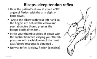 Biceps--deep tendon reflex
 Have the patient's elbow at about a 90°
angle of flexion with the arm slightly
bent down .
 Grasp the elbow with your left hand so
the fingers are behind the elbow and
your abductee thumb presses the
biceps brachial tendon .
 Strike your thumb a series of blows with
the rubber hammer, varying your thumb
pressure with each blow until the most
satisfactory response is obtained .
 Normal reflex is elbow flexion (bending(
8/31/2023 40
 