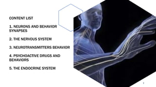 CONTENT LIST
1. NEURONS AND BEHAVIOR
SYNAPSES
2. THE NERVOUS SYSTEM
3. NEUROTRANSMITTERS BEHAVIOR
4. PSYCHOACTIVE DRUGS AND
BEHAVIORS
5. THE ENDOCRINE SYSTEM
2
 