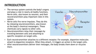 INTRODUCTION
23
• The nervous system controls the body’s organs
and plays a role in nearly all bodily functions.
Nerve cells, also known as neurons, and their
neurotransmitters play important roles in this
system.
• Nerve cells fire nerve impulses. They do this
by releasing neurotransmitters, also known
as the body’s chemical messengers. These
chemicals carry signals to other cells.
• Neurotransmitters relay their messages by
traveling between cells and attaching to
specific receptors on target cells.
• Each neurotransmitter attaches to a different receptor. For example, dopamine molecules
attach to dopamine receptors. When they attach, it triggers an action in the target cells.
• After neurotransmitters deliver their messages, the body breaks them down or recycles
them.
 