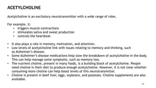 ACETYLCHOLINE
27
Acetylcholine is an excitatory neurotransmitter with a wide range of roles.
For example, it:
• triggers muscle contractions
• stimulates saliva and sweat production
• controls the heartbeat
• It also plays a role in memory, motivation, and attention.
• Low levels of acetylcholine link with issues relating to memory and thinking, such
as Alzheimer’s disease.
• Some Alzheimer’s disease medications help slow the breakdown of acetylcholine in the body.
This can help manage some symptoms, such as memory loss.
• The nutrient choline, present in many foods, is a building block of acetylcholine. People
need choline in their diet to produce enough acetylcholine. However, it is not clear whether
consuming more choline can help boost levels of this neurotransmitter.
• Choline is present in beef liver, eggs, soybeans, and potatoes. Choline supplements are also
available.
 