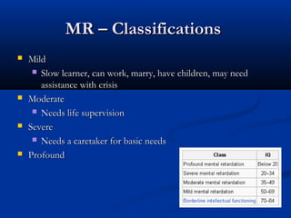 MR – Classifications
   Mild
      Slow learner, can work, marry, have children, may need
       assistance with crisis
   Moderate
      Needs life supervision

   Severe
      Needs a caretaker for basic needs

   Profound
 