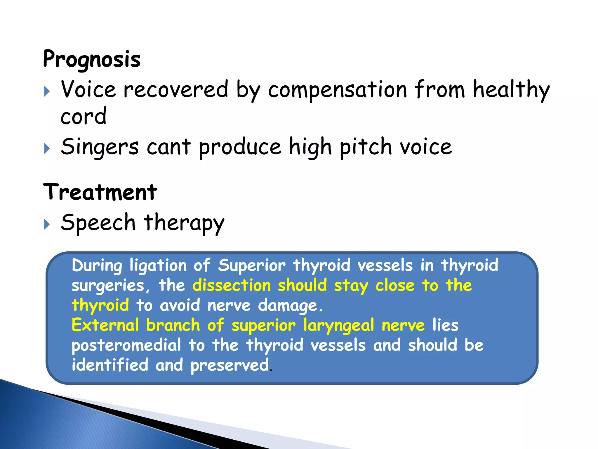 Prognosis
 Voice recovered by compensation from healthy
cord
 Singers cant produce high pitch voice
Treatment
 Speech therapy
During ligation of Superior thyroid vessels in thyroid
surgeries, the dissection should stay close to the
thyroid to avoid nerve damage.
External branch of superior laryngeal nerve lies
posteromedial to the thyroid vessels and should be
identified and preserved.
 