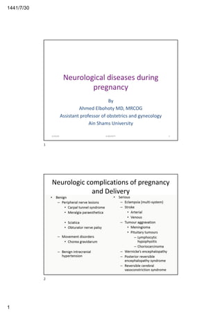 30/7/1441
1
Neurological diseases during
pregnancy
By
Ahmed Elbohoty MD, MRCOG
Assistant professor of obstetrics and gynecology
Ain Shams University
3/24/20 ELBOHOTY 1
1
Neurologic complications of pregnancy
and Delivery
3/24/20 ELBOHOTY 2
2
 