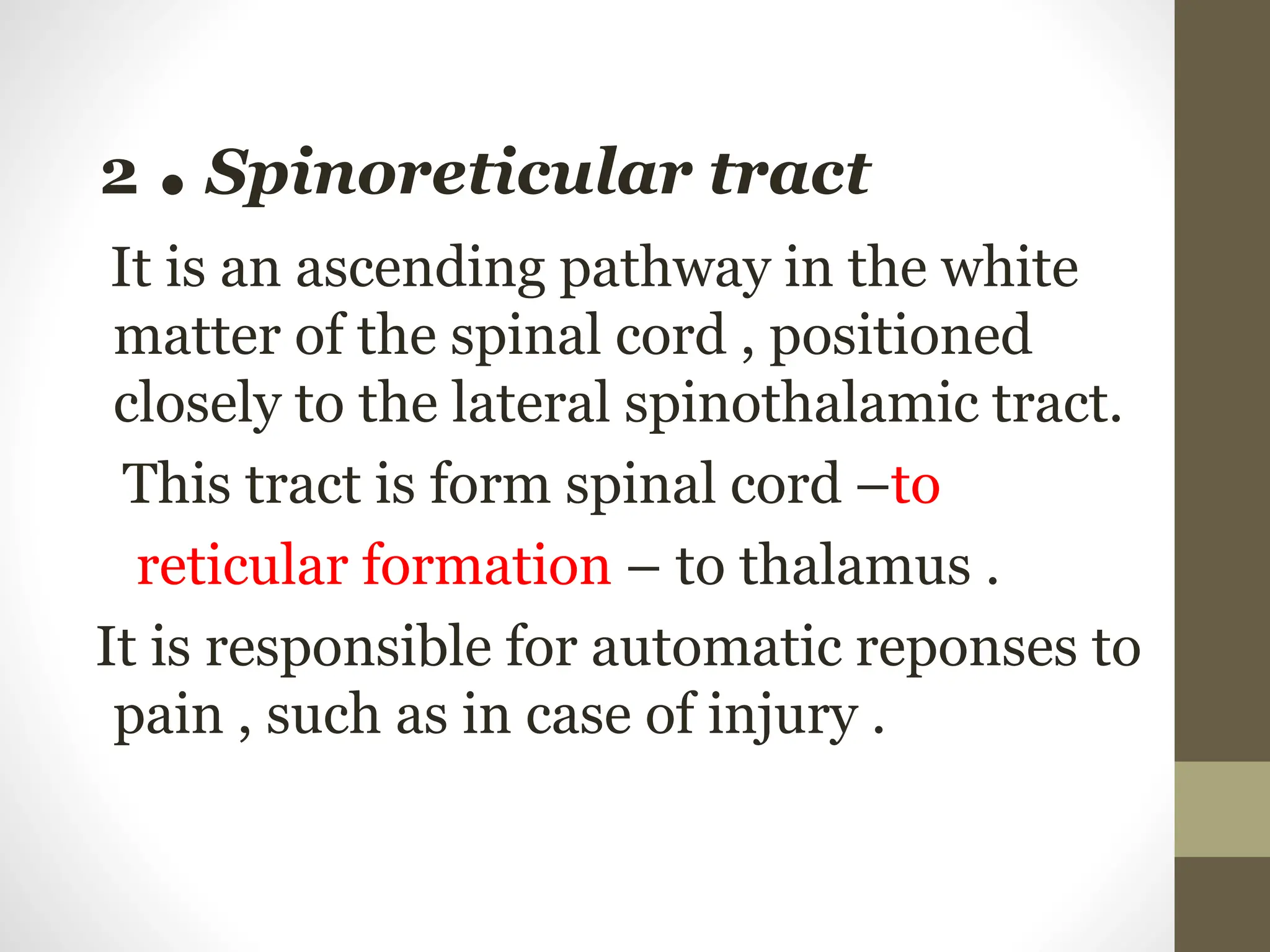 2 . Spinoreticular tract
It is an ascending pathway in the white
matter of the spinal cord , positioned
closely to the lateral spinothalamic tract.
This tract is form spinal cord –to
reticular formation – to thalamus .
It is responsible for automatic reponses to
pain , such as in case of injury .
 