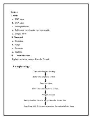Causes:
I. Viral
a. RNA virus
b. DNA virus
c. Arthropod borne
d. Rabies and lymphocytic choriomeningitis
e. Dengue fever
II. Non-viral
a. Richettsia
b. Fungi
c. Protozoa
d. Bacteria
III. Post infections
Typhoid, measles, mumps, Rubella, Pertusis
Pathophysiology:
Virus entering into the body
Enter into lymphatic system
Goes into blood
Enter into central nervous system
Antigen produce
Demyelination, vascular and perivascular destruction
Local vasculitic lesions with thrombus formation in brain tissue
 