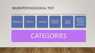 NEUROPSYCHOLOGICAL TEST
CATEGORIES
Intelligence Memory Language
Executive
function
Visuo
Spatial
Batteries
assessing
normal
functions
 