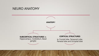 NEURO ANATOMY
ANATOMY
SUBCORTICAL STRUCTURES ie.
Hippocampus, Cerebellum, Basal
ganglia
CORTICAL STRUCTURES
ie. Frontal lobe, Temporal Lobe,
Parietal lobe and Occipital lobe
 