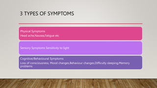 3 TYPES OF SYMPTOMS
Physical Symptoms
Head ache,Nausea,Fatigue etc
Sensory Symptoms Sensitivity to light
Cognitive/Behavioural Symptoms
Loss of consciousness, Mood changes,Behaviour changes,Difficulty sleeping,Memory
problems
 
