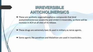  These are synthetic organophosphorus compounds that bind
acetylcholinesterase covalently and inhibit it irreversibly, so there will be
increase in ACH at all sites of its release.
 These drugs are extremely toxic & used in military as nerve agents.
 Some agents like parathion and Malathion are used in insecticides.
 