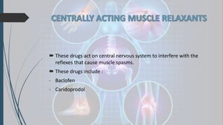  These drugs act on central nervous system to interfere with the
reflexes that cause muscle spasms.
 These drugs include :
- Baclofen
- Caridoprodol
 
