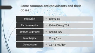 • 100mg BD
Phenytoin
• 200 – 400 mg TDS
Carbamazepine
• 200 mg TDS
Sodium valproate
• 50 mg/day
Lamotrigine
• 0.5 – 5 mg/day
Clonazepam
 