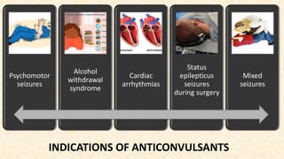 INDICATIONS OF ANTICONVULSANTS
Psychomotor
seizures
Alcohol
withdrawal
syndrome
Cardiac
arrhythmias
Status
epilepticus
seizures
during surgery
Mixed
seizures
 