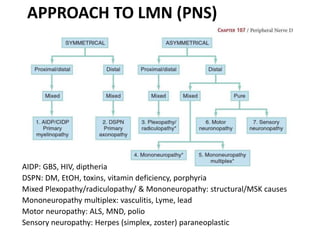 APPROACH TO LMN (PNS)
AIDP: GBS, HIV, diptheria
DSPN: DM, EtOH, toxins, vitamin deficiency, porphyria
Mixed Plexopathy/radiculopathy/ & Mononeuropathy: structural/MSK causes
Mononeuropathy multiplex: vasculitis, Lyme, lead
Motor neuropathy: ALS, MND, polio
Sensory neuropathy: Herpes (simplex, zoster) paraneoplastic
 