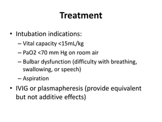 Treatment
• Intubation indications:
– Vital capacity <15mL/kg
– PaO2 <70 mm Hg on room air
– Bulbar dysfunction (difficulty with breathing,
swallowing, or speech)
– Aspiration
• IVIG or plasmapheresis (provide equivalent
but not additive effects)
 