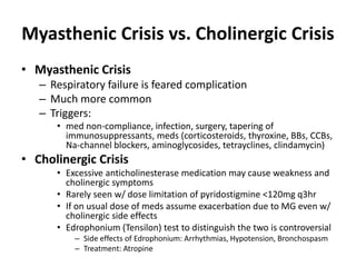 Myasthenic Crisis vs. Cholinergic Crisis
• Myasthenic Crisis
– Respiratory failure is feared complication
– Much more common
– Triggers:
• med non-compliance, infection, surgery, tapering of
immunosuppressants, meds (corticosteroids, thyroxine, BBs, CCBs,
Na-channel blockers, aminoglycosides, tetrayclines, clindamycin)
• Cholinergic Crisis
• Excessive anticholinesterase medication may cause weakness and
cholinergic symptoms
• Rarely seen w/ dose limitation of pyridostigmine <120mg q3hr
• If on usual dose of meds assume exacerbation due to MG even w/
cholinergic side effects
• Edrophonium (Tensilon) test to distinguish the two is controversial
– Side effects of Edrophonium: Arrhythmias, Hypotension, Bronchospasm
– Treatment: Atropine
 