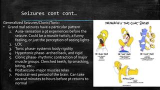 Seizures cont cont…
Generalized Seizures/Clonic/Tonic:
• Grand mal seizures have a particular pattern
1. Aura- sensation a pt experiences before the
seizure. Could be a muscle twitch, a funny
feeling, or just the perception of seeing lights
2. LOC
3. Tonic phase- systemic body rigidity
4. Hypertonic phase- arched back, and rigid
5. Clonic phase- rhythmic contraction of major
muscle groups. Clenched teeth, lip smacking,
biting, etc…
6. Postseizure- major muscles relax
7. Postictal-rest period of the brain. Can take
several minutes to hours before pt returns to
normal
 