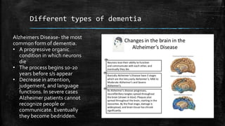 Different types of dementia
.Alzheimers Disease- the most
common form of dementia.
• A progressive organic
condition in which neurons
die
• The process begins 10-20
years before s/s appear
• Decrease in attention,
judgement, and language
functions. In severe cases
Alzheimer patients cannot
recognize people or
communicate. Eventually
they become bedridden.
 