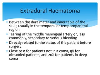  Between the dura mater and inner table of the
skull; usually in the temporal or temporoparietal
region
 Tearing of the middle meningeal artery or, less
commonly, secondary to venous bleeding
 Directly related to the status of the patient before
surgery
 Close to 0 for patients not in a coma, 9% for
obtunded patients, and 20% for patients in deep
coma
Extradural Haematoma
 