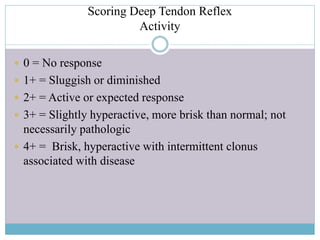 Scoring Deep Tendon Reflex
Activity
 0 = No response
 1+ = Sluggish or diminished
 2+ = Active or expected response
 3+ = Slightly hyperactive, more brisk than normal; not
necessarily pathologic
 4+ = Brisk, hyperactive with intermittent clonus
associated with disease
 