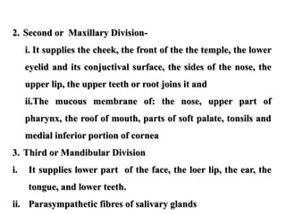 2. Second or Maxillary Division-
i. It supplies the cheek, the front of the the temple, the lower
eyelid and its conjuctival surface, the sides of the nose, the
upper lip, the upper teeth or root joins it and
ii.The mucous membrane of: the nose, upper part of
pharynx, the roof of mouth, parts of soft palate, tonsils and
medial inferior portion of cornea
3. Third or Mandibular Division
i. It supplies lower part of the face, the loer lip, the ear, the
tongue, and lower teeth.
ii. Parasympathetic fibres of salivary glands
 