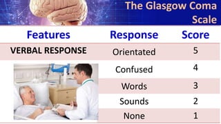 Features Response Score
VERBAL RESPONSE Orientated 5
Confused 4
Words 3
Sounds 2
None 1
The Glasgow Coma
Scale
 
