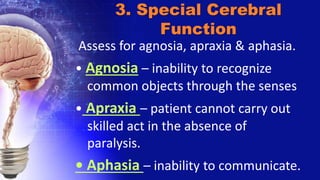 Assess for agnosia, apraxia & aphasia.
• Agnosia – inability to recognize
common objects through the senses
• Apraxia – patient cannot carry out
skilled act in the absence of
paralysis.
• Aphasia – inability to communicate.
3. Special Cerebral
Function
 